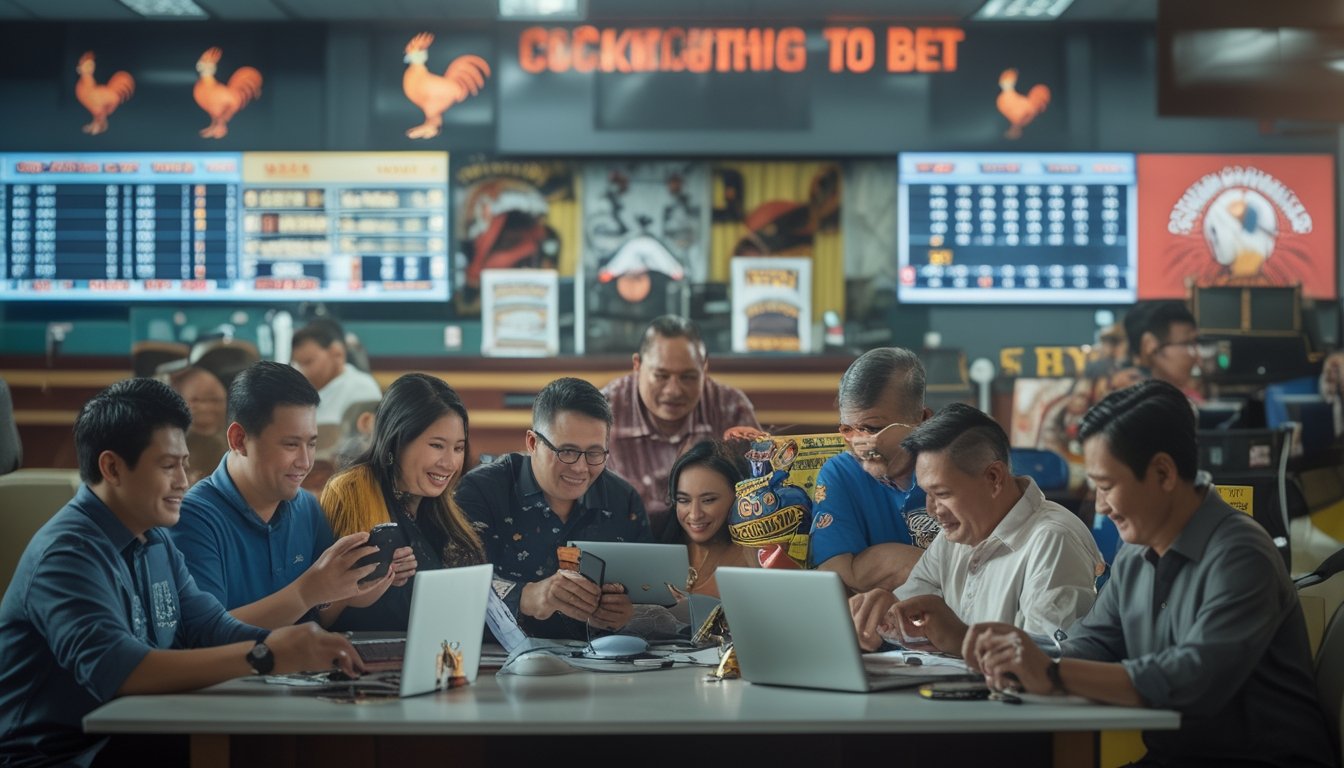 Sekelompok orang Filipina sedang memasang taruhan di sebuah kantor taruhan sabung ayam yang modern dan ramai.