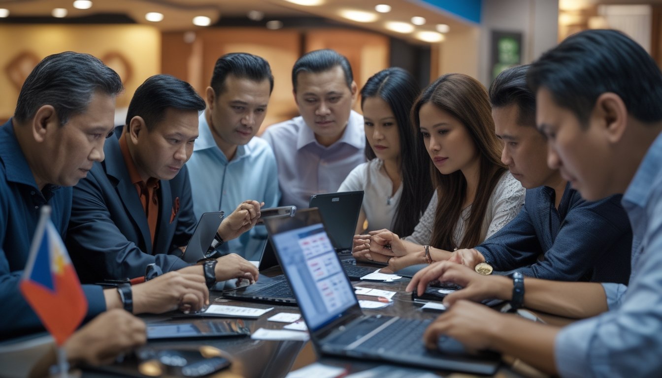 Sekelompok orang dewasa berkumpul di sekitar meja dengan laptop dan ponsel, berdiskusi serius tentang strategi bermain sabung ayam.