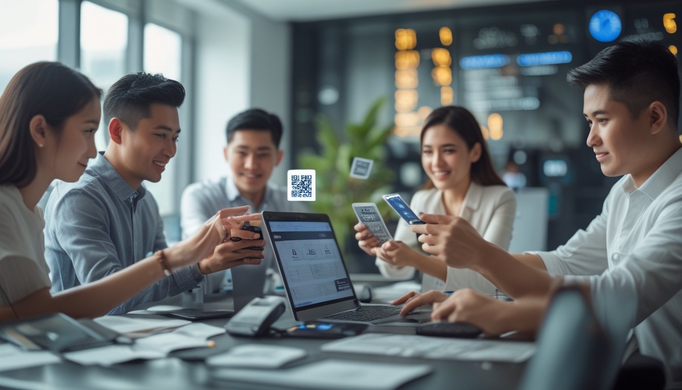 Orang-orang menggunakan ponsel dan laptop untuk melakukan pembayaran digital dan transfer bank di sebuah kantor modern.