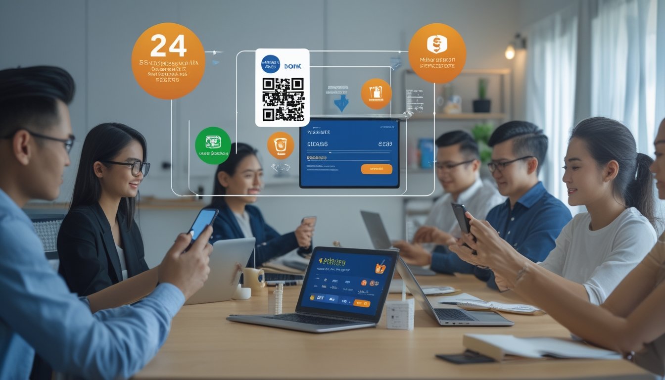 Orang-orang menggunakan ponsel dan laptop untuk melakukan transaksi keuangan digital dengan latar ruang kerja yang terang dan dekorasi yang terinspirasi dari budaya Filipina.