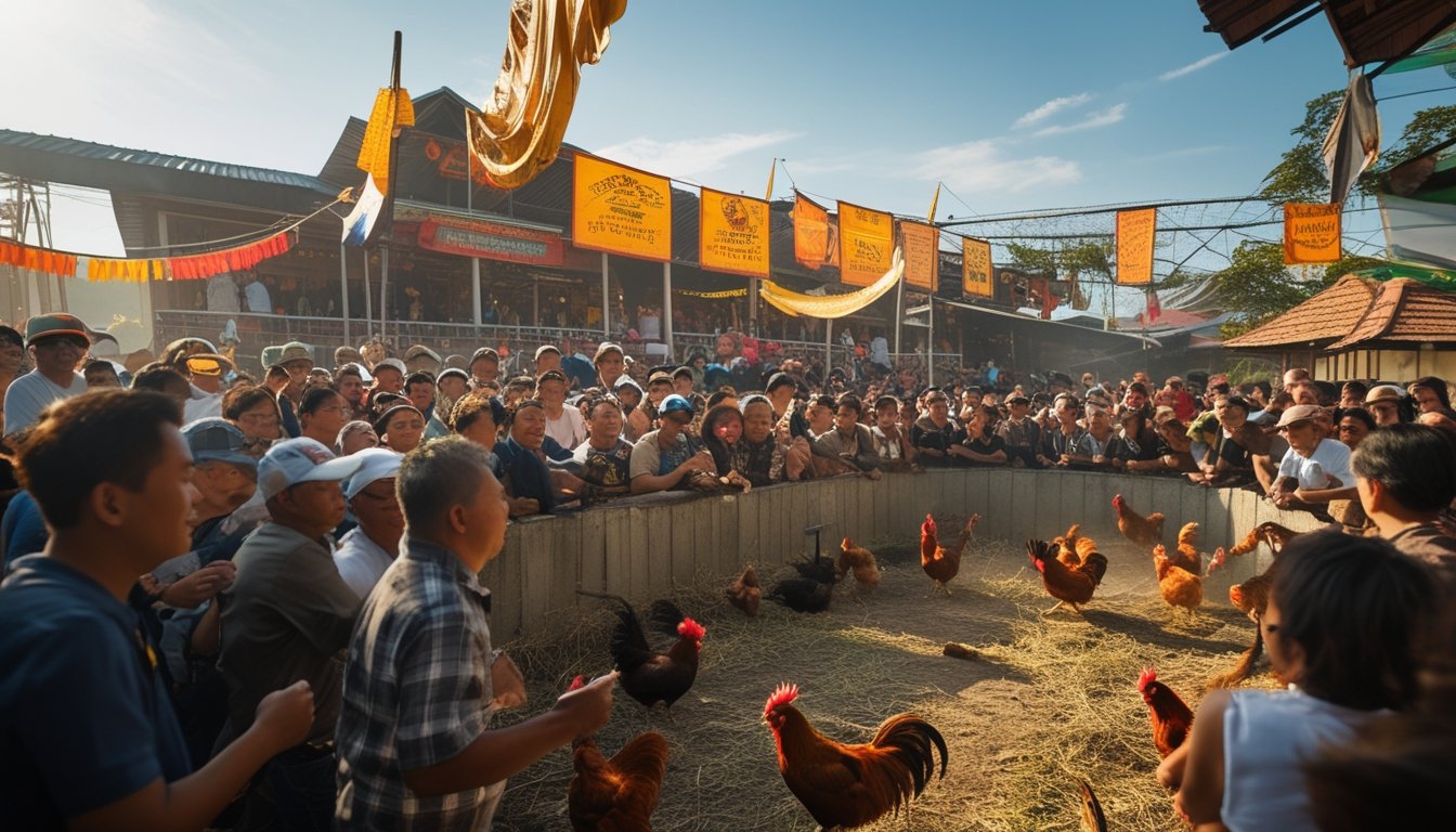 Kerumunan orang menonton pertandingan sabung ayam di arena tradisional Filipina dengan suasana ramai dan penuh semangat.