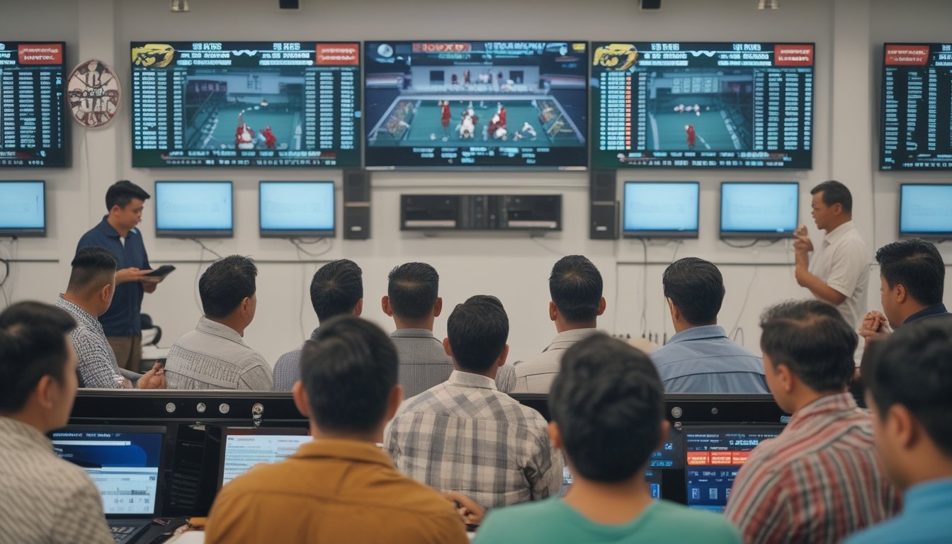 Sejumlah orang sedang menonton pertandingan sabung ayam Filipina di layar digital dengan jadwal pertandingan lengkap di latar belakang.