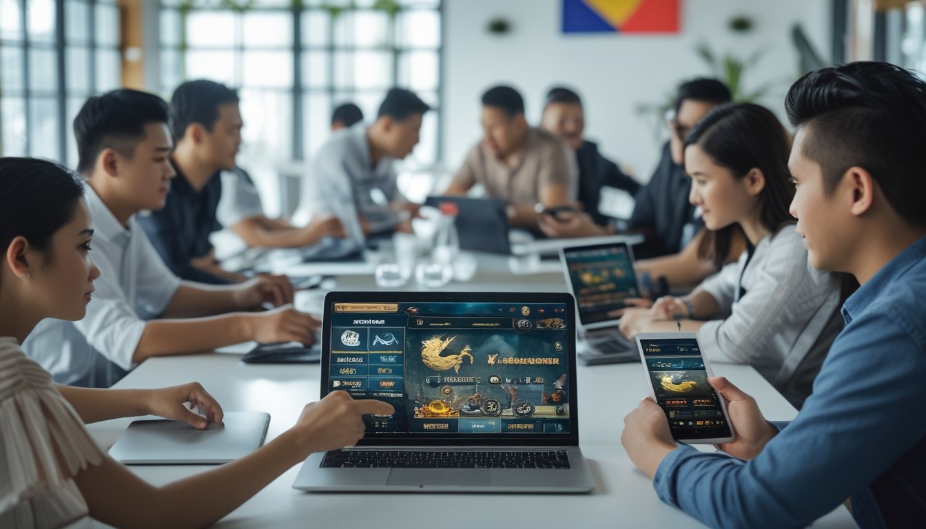 Beberapa orang menggunakan laptop, tablet, dan ponsel di ruang kerja modern untuk bermain game online dari berbagai perangkat.