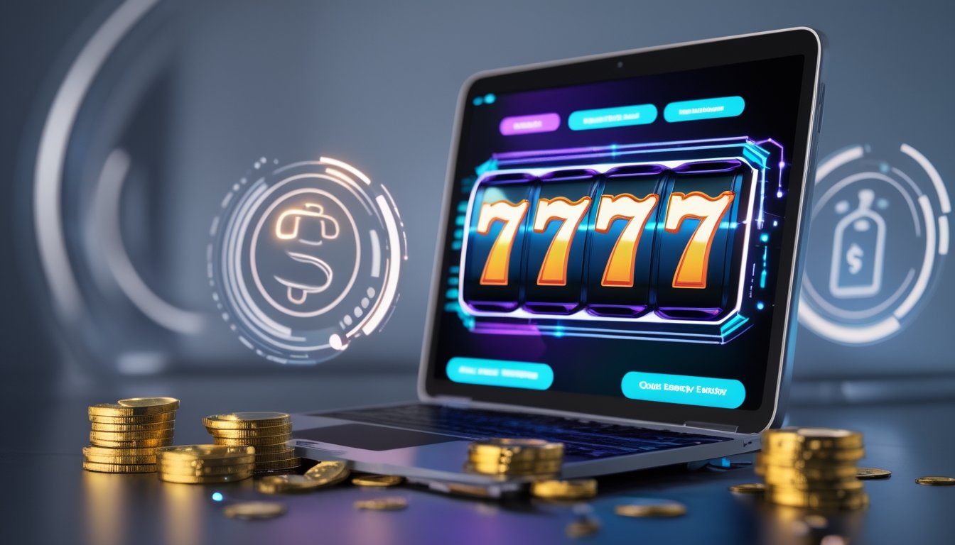 Layar perangkat menampilkan mesin slot grafis dengan angka 777 dan ikon uang yang melambangkan proses deposit dan penarikan cepat.