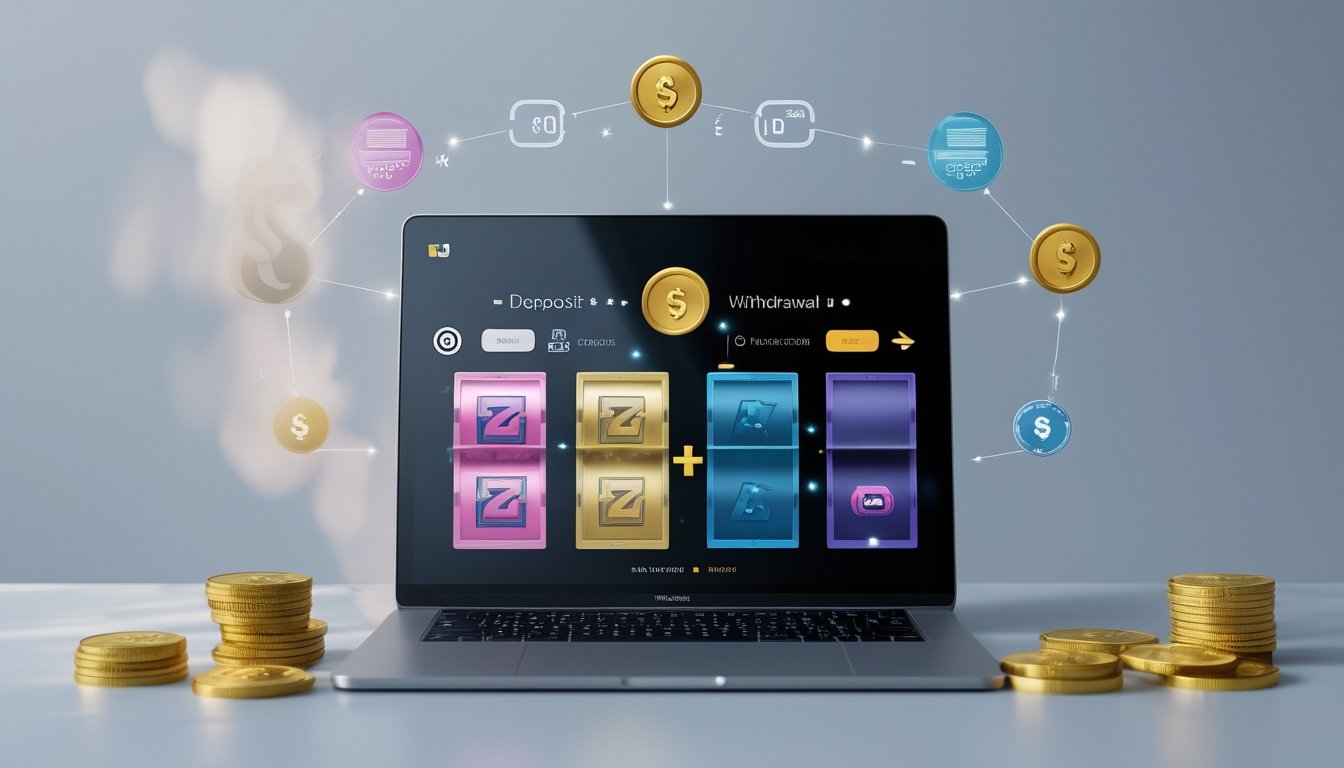 antarmuka digital di perangkat layar dengan ikon transaksi keuangan dan elemen permainan slot online di sekitarnya.