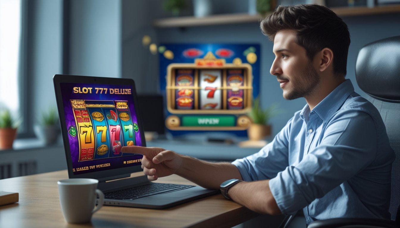 Seorang pemain pemula duduk di meja dengan laptop yang menampilkan permainan slot online, terlihat fokus dan berpikir sambil menunjuk layar.