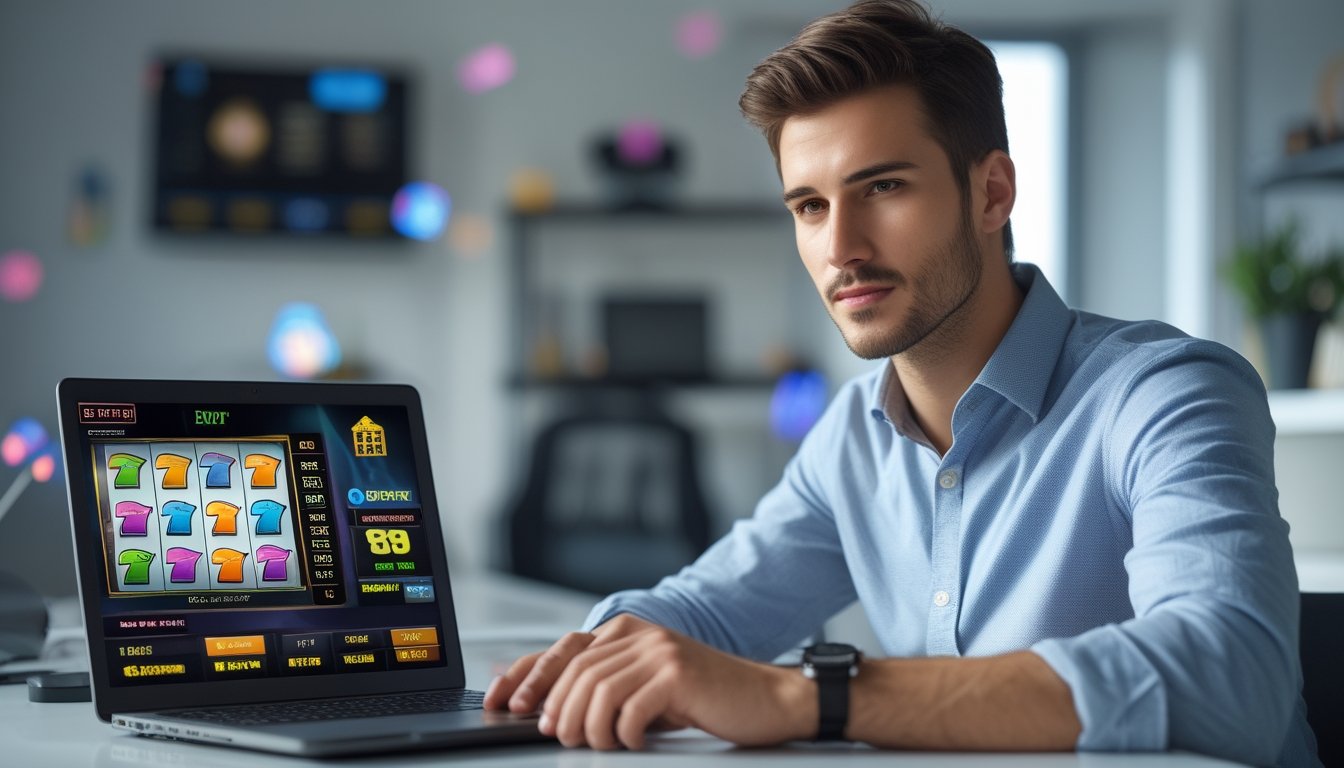 Seorang pria muda duduk di meja kerja dengan laptop yang menampilkan permainan slot online, di ruang kantor rumah yang terang dan rapi.