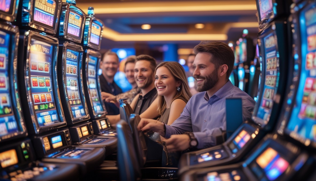 Orang-orang bermain mesin slot di kasino yang modern dan terang dengan suasana penuh kegembiraan.