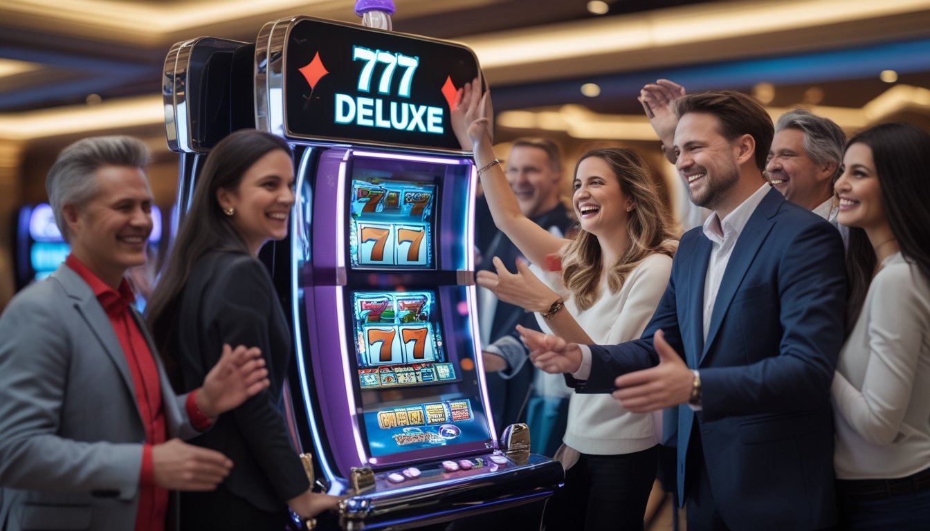 Orang-orang sedang bermain mesin slot 777 Deluxe di kasino dengan ekspresi senang dan suasana meriah.