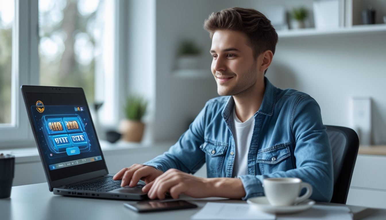 Seseorang duduk di meja dengan laptop, sedang mendaftar di platform slot online yang aman dan terpercaya.