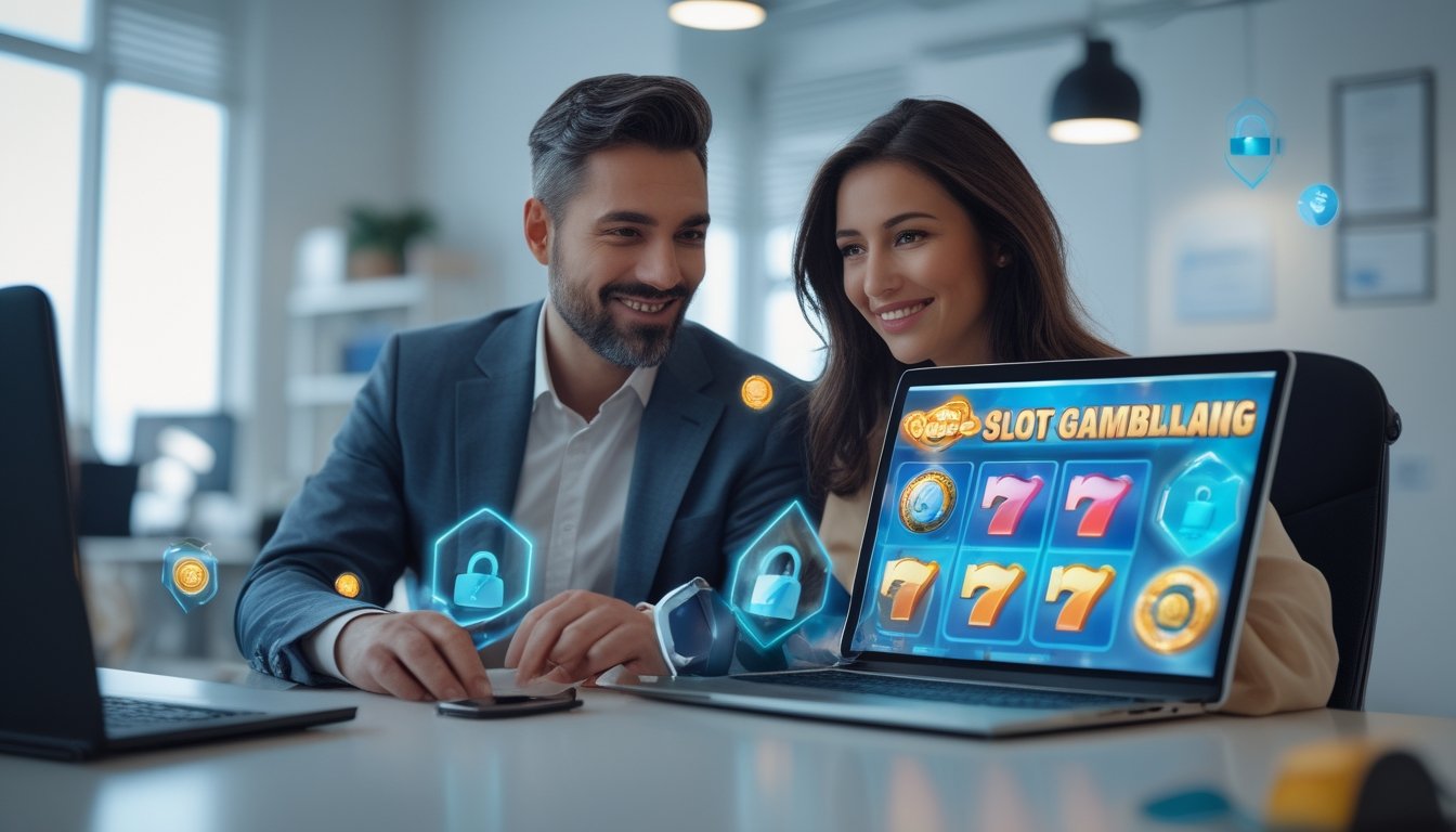 Seorang pria dan wanita duduk bersama di depan laptop yang menampilkan permainan slot online dengan ikon keamanan digital di sekitarnya.