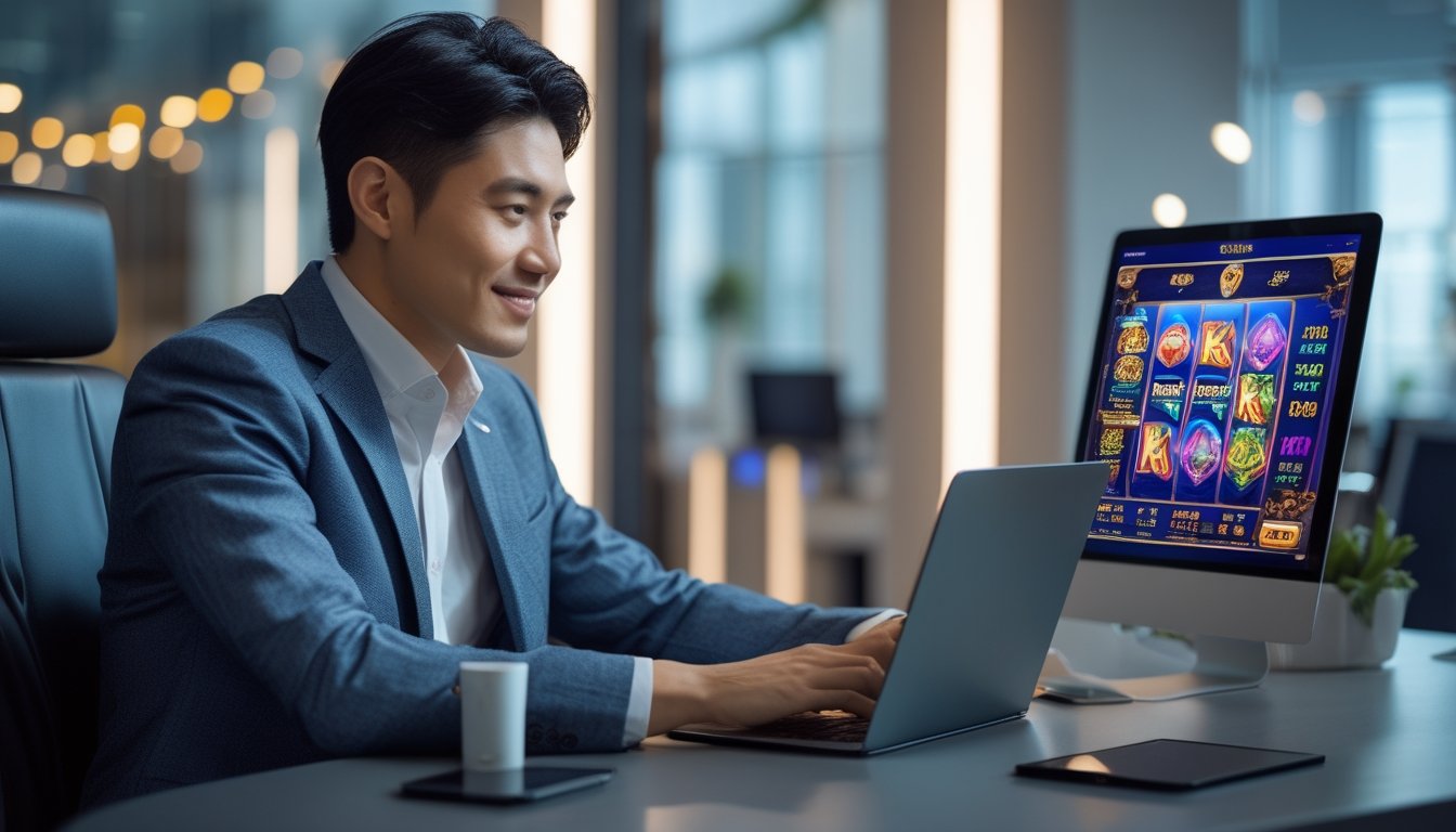 Seorang pria Asia duduk di meja kantor modern menggunakan laptop dengan permainan mesin slot digital di layar, terlihat percaya diri dan puas.