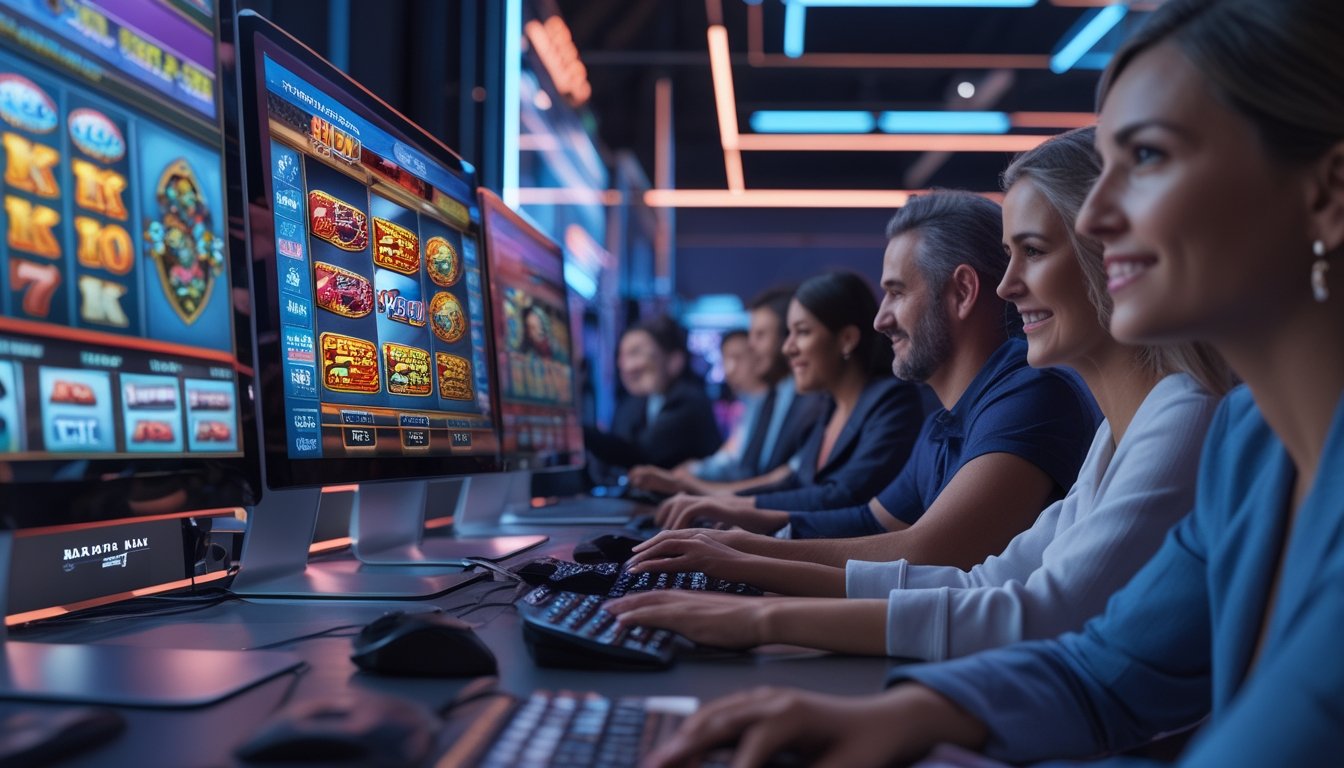 Orang-orang bermain permainan slot online di ruang kerja modern dengan beberapa monitor komputer menampilkan permainan slot berwarna-warni.