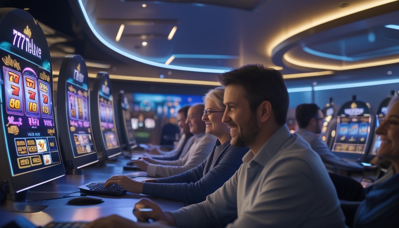 Beberapa orang bermain permainan slot online dengan layar komputer dan perangkat seluler di ruangan modern yang terang dan futuristik.