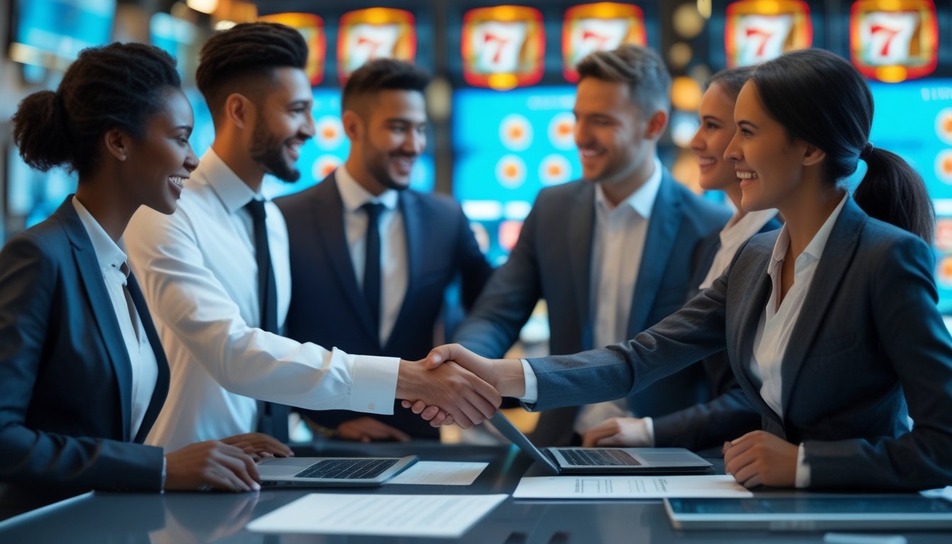 Sekelompok bisnis profesional yang percaya diri berjabat tangan dan merayakan kesuksesan di kantor modern dengan layar digital di latar belakang.