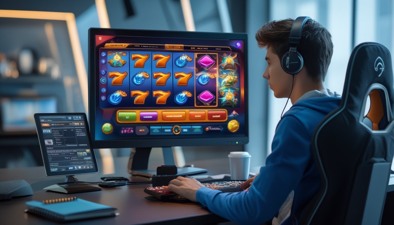 Seorang pria muda duduk di depan komputer dengan tampilan permainan slot online, terlihat fokus dan serius bermain.