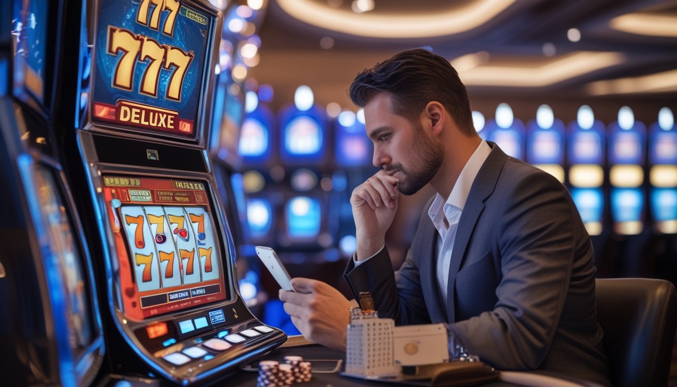 Seorang pemain dewasa sedang fokus bermain mesin slot 777 Deluxe di kasino dengan suasana yang terang dan modern.