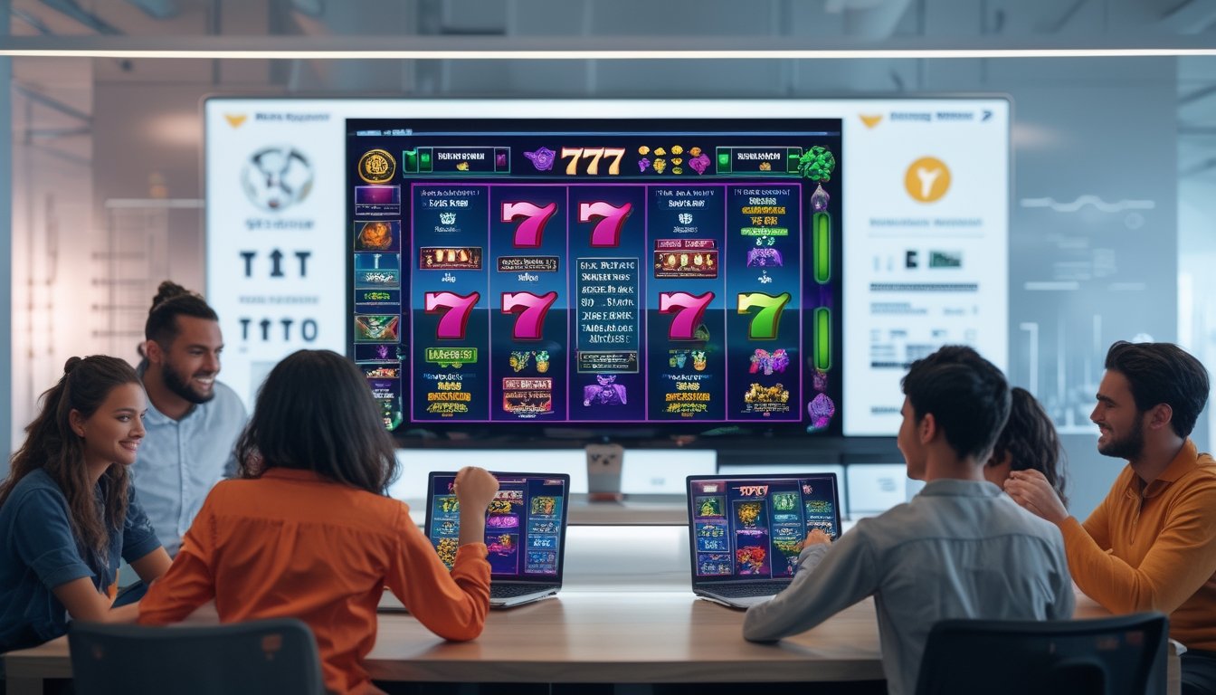 Sekelompok orang muda menggunakan perangkat digital untuk bermain permainan slot online dengan berbagai metode pembayaran yang ditampilkan di layar komputer.