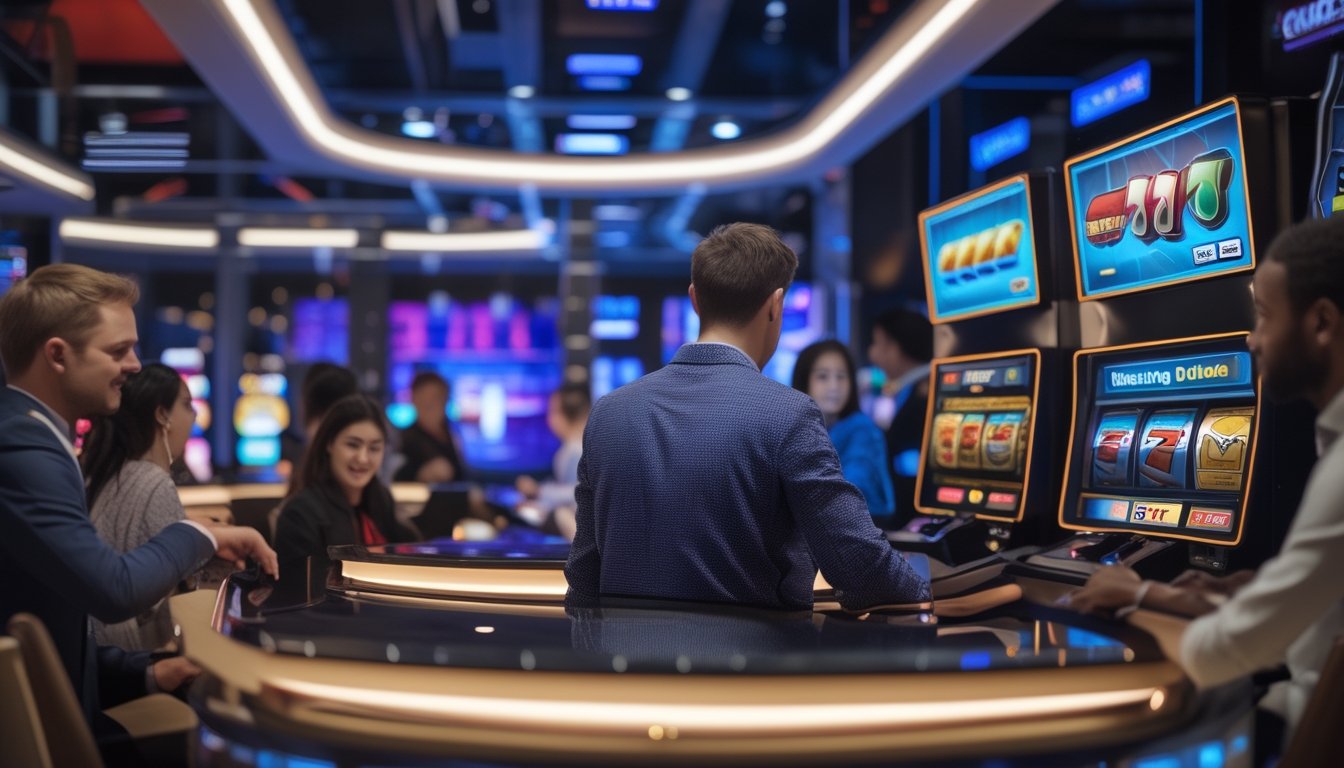Orang-orang menggunakan mesin slot digital di sebuah ruangan modern dengan ikon pembayaran digital di latar belakang.