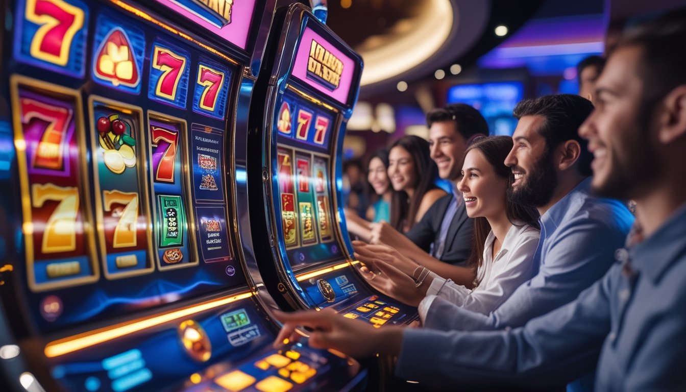 Orang-orang bermain mesin slot 777 Deluxe di dalam kasino dengan lampu warna-warni dan suasana yang hidup.