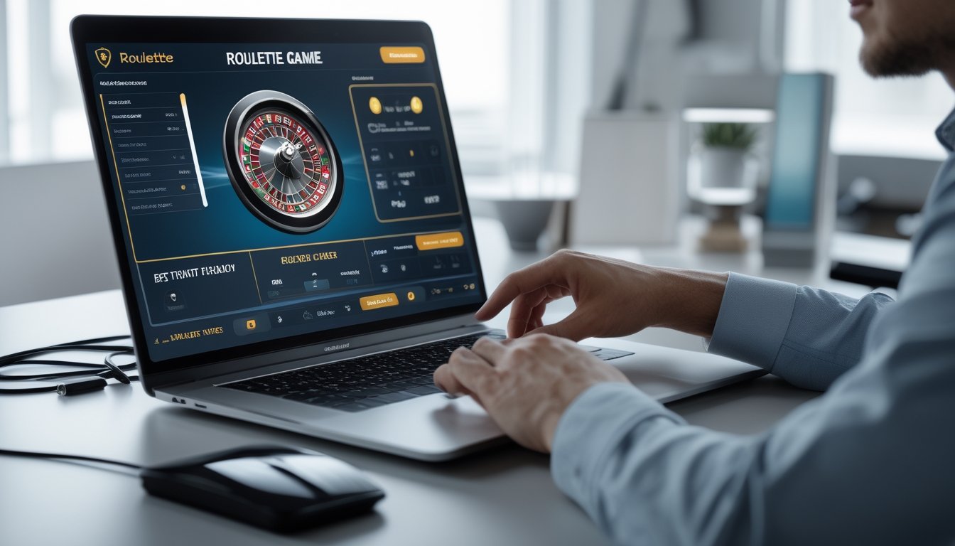 Seorang pengguna berinteraksi dengan komputer yang menampilkan permainan roulette otomatis dalam lingkungan kerja yang bersih dan aman.