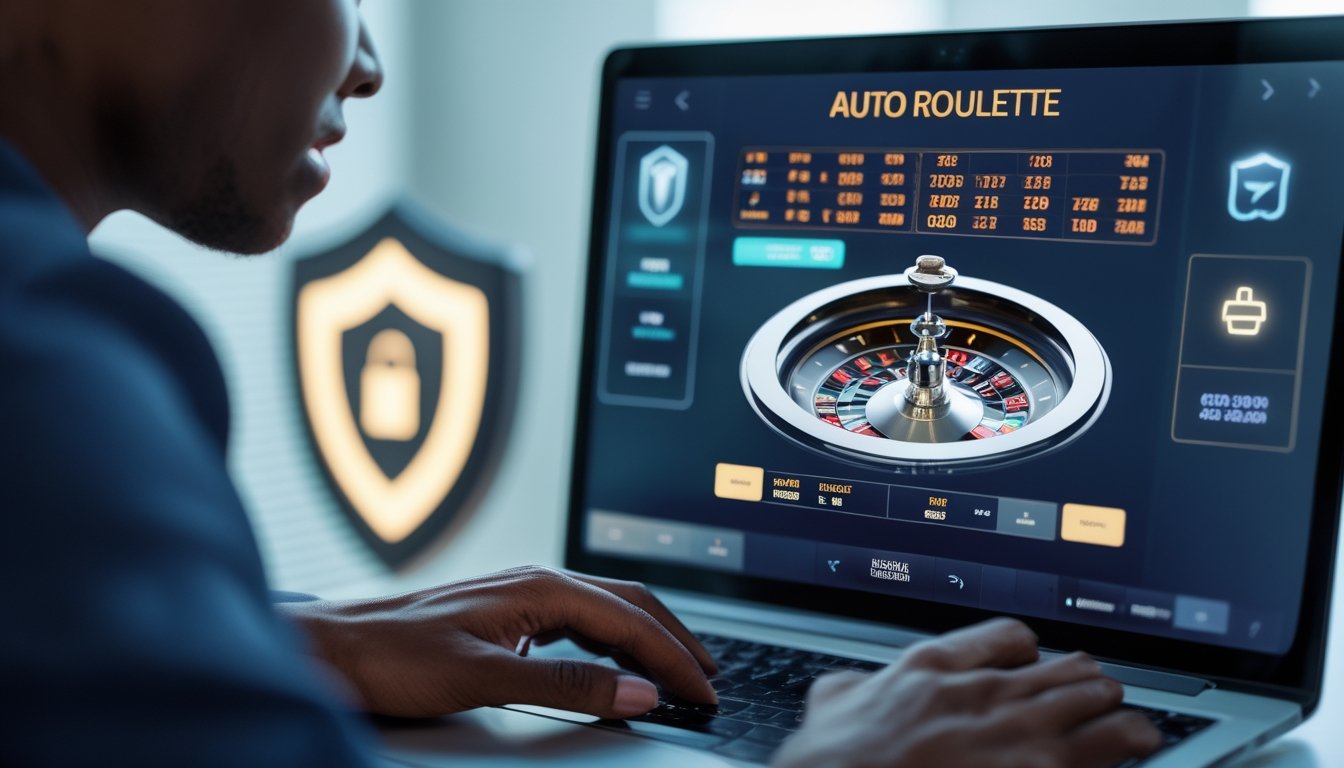 Seseorang menggunakan komputer dengan tampilan permainan Auto Roulette otomatis di layar dalam suasana kerja yang modern dan aman.