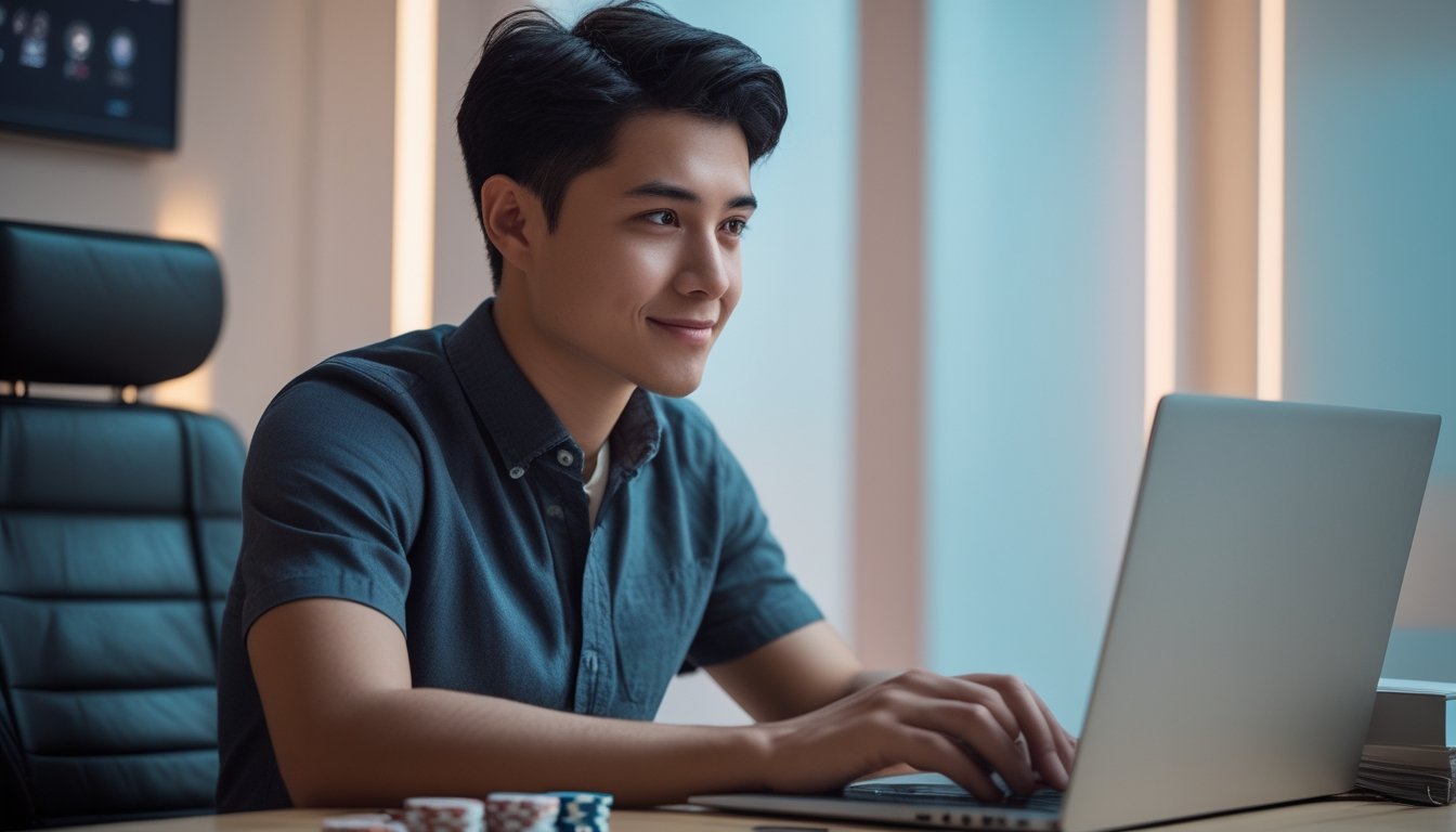 Seseorang duduk di meja dengan laptop, bermain permainan auto roulette online dengan suasana tenang dan fokus.