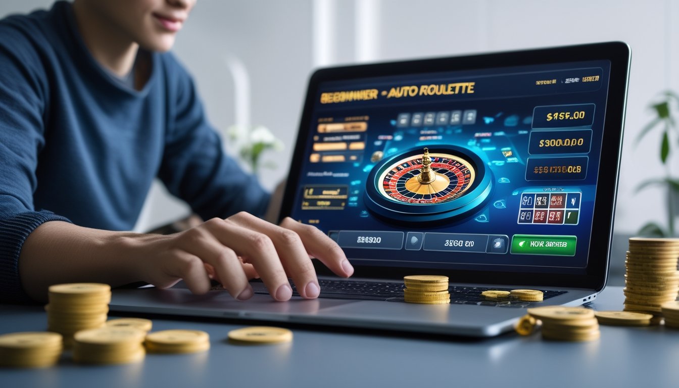 Seorang pemula bermain auto roulette online menggunakan laptop dengan tumpukan chip dan uang kecil di meja.