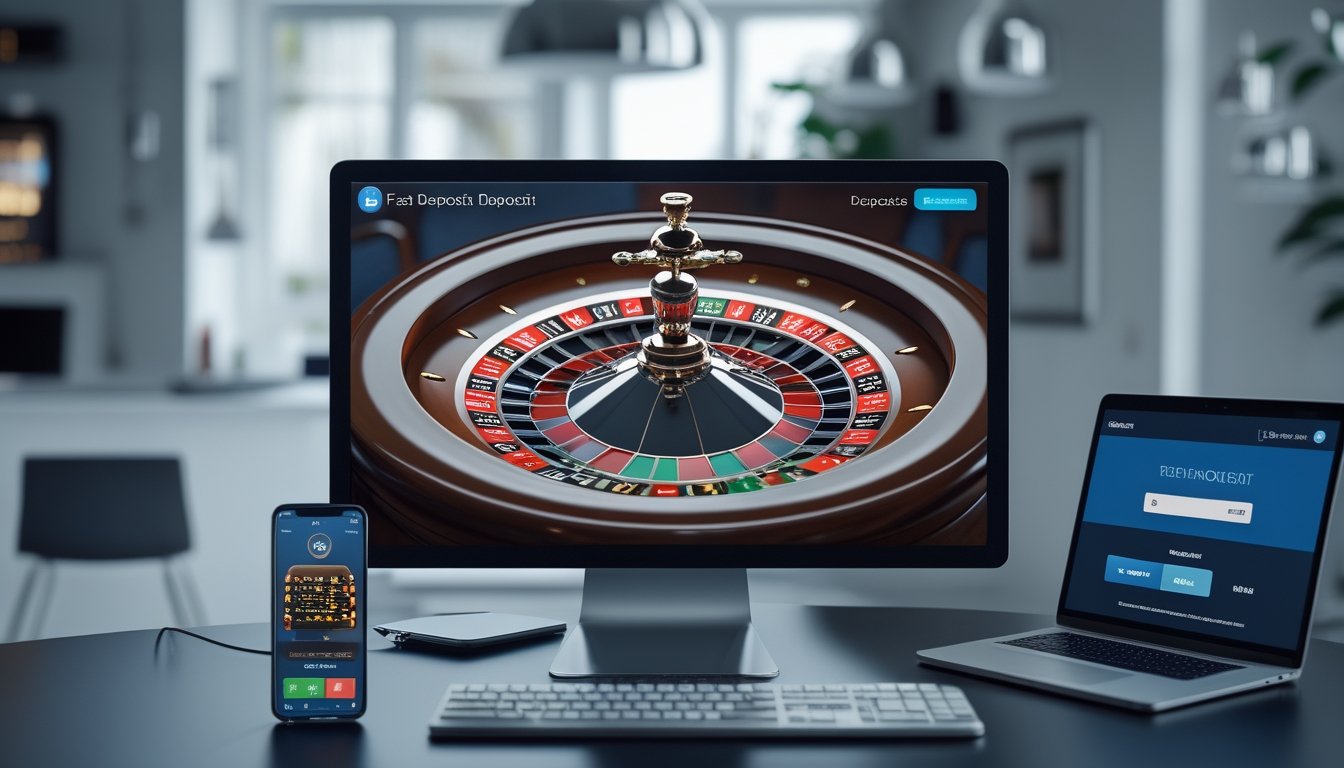 Sebuah meja kerja dengan layar komputer menampilkan permainan roulette online dan ponsel yang menunjukkan aplikasi pembayaran digital.