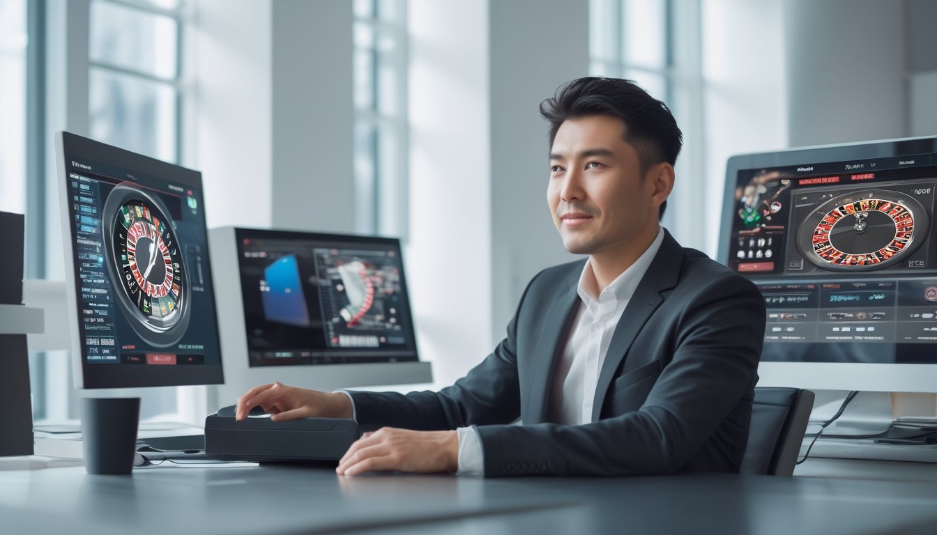 Seorang pria Asia duduk di meja modern dengan beberapa layar komputer yang menampilkan permainan roulette online dan transaksi keuangan.