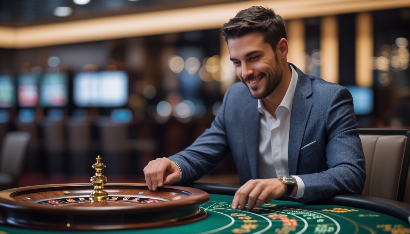 Seorang pria duduk di meja roulette di kasino modern, fokus pada permainan dengan suasana profesional dan nyaman.