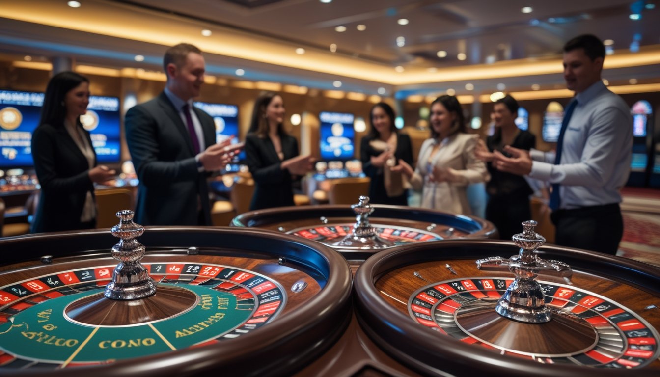 Suasana kasino modern dengan beberapa meja roulette otomatis, staf melayani pelanggan yang sedang bermain dengan antusias.