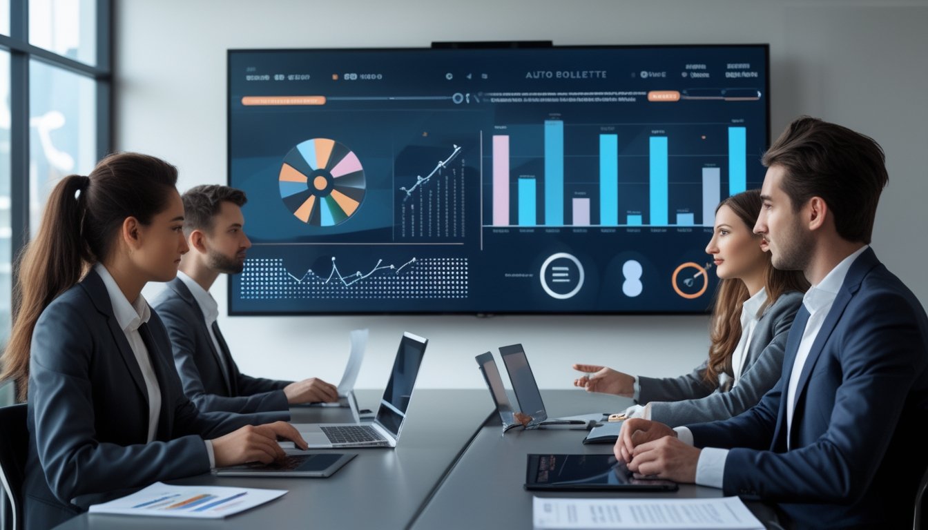 Sekelompok profesional bisnis sedang berdiskusi di ruang kantor modern dengan layar digital menampilkan grafik dan dokumen di meja konferensi.
