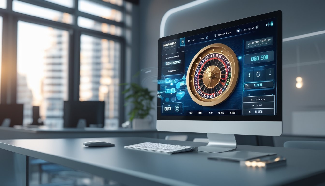 Tampilan layar komputer dengan permainan roulette online modern di kantor yang terang dan rapi.