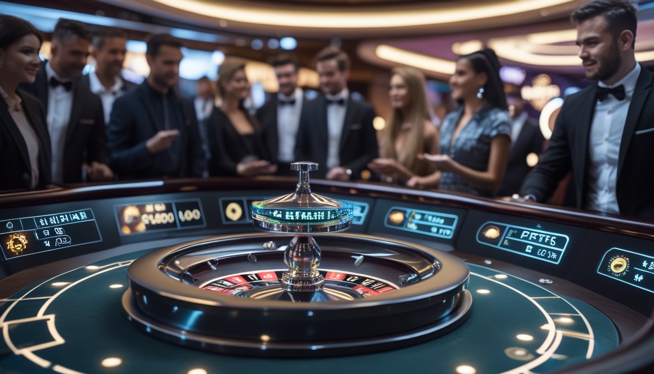 Mesin roulette otomatis yang sedang berputar di kasino mewah dengan pemain dan dealer yang memperhatikan permainan.