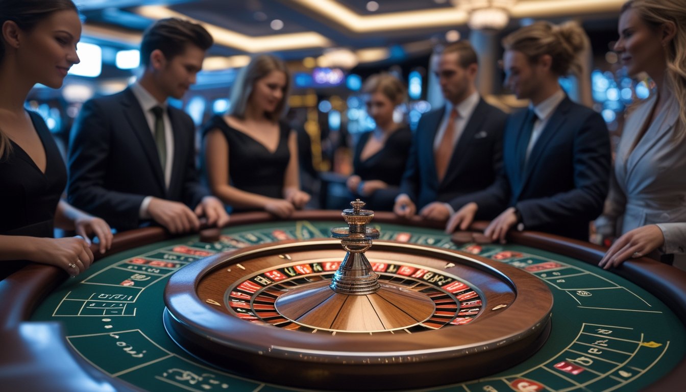 Pemandangan meja auto roulette di kasino dengan pemain yang sedang memperhatikan roda roulette yang berputar.