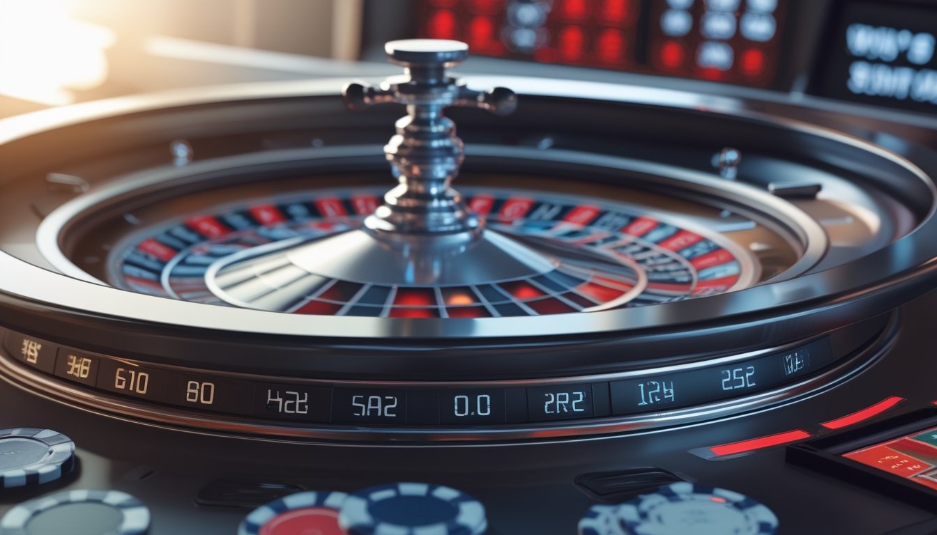 Meja auto roulette otomatis di kasino dengan roda roulette berputar dan chip taruhan di sekitarnya.