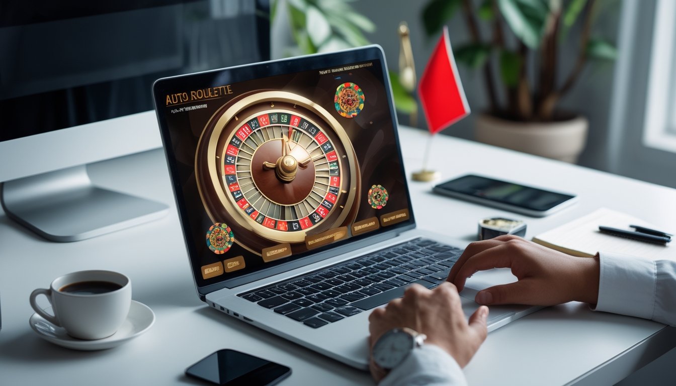 Seorang pemain menggunakan komputer dengan tampilan roda roulette digital yang berputar di layar, di meja kerja yang rapi dengan elemen budaya Indonesia di latar belakang.