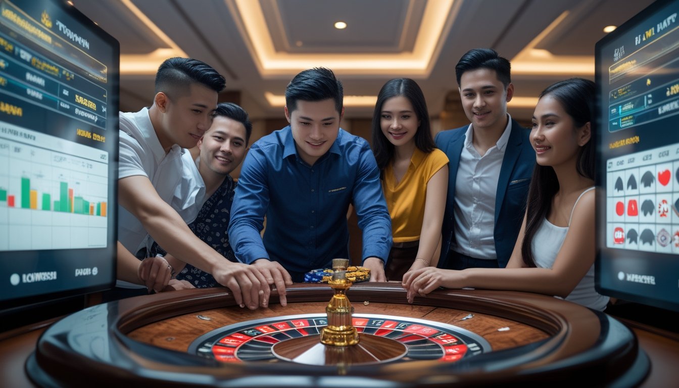 Sekelompok orang bermain roulette di meja digital dalam suasana kasino modern dengan pencahayaan hangat dan dekorasi elegan.