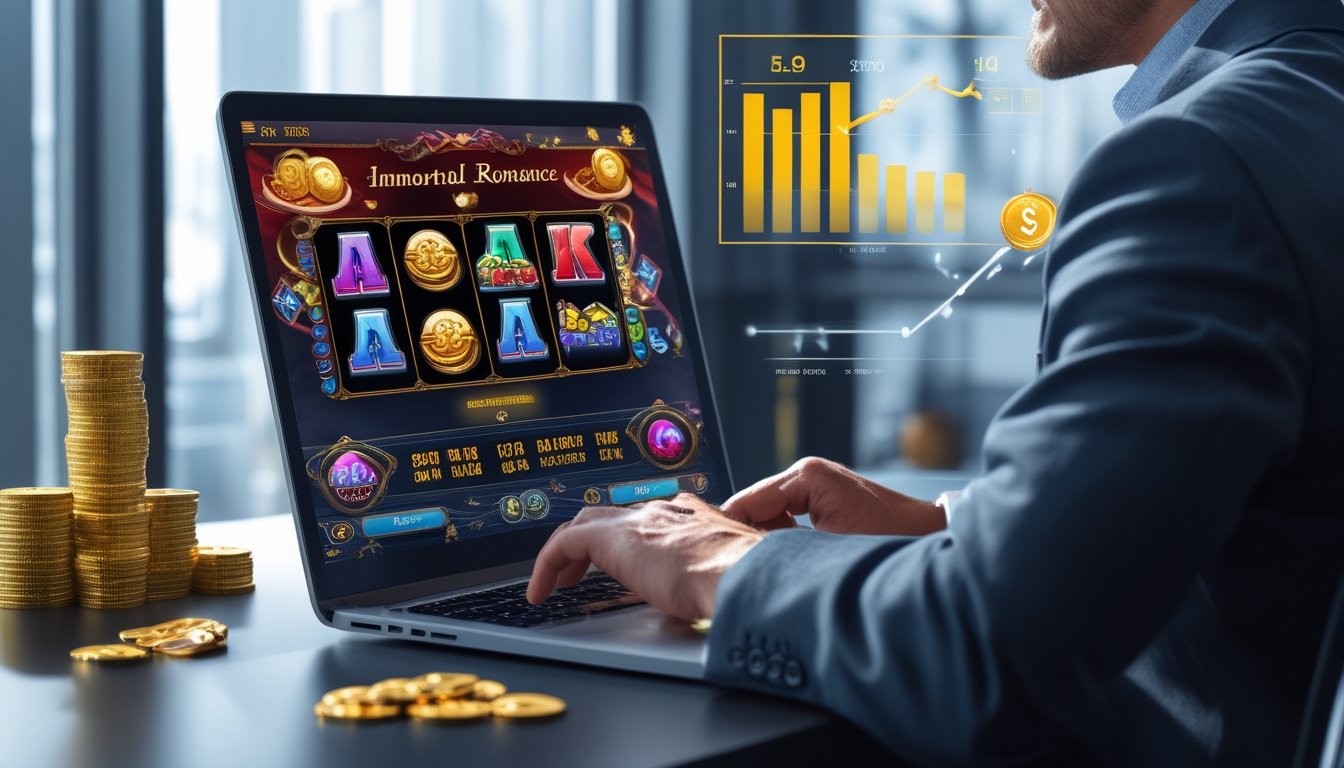 Seorang pria profesional duduk di meja kantor modern sambil melihat layar laptop dengan gambar permainan slot berwarna-warni, dikelilingi oleh simbol koin dan ikon jackpot.