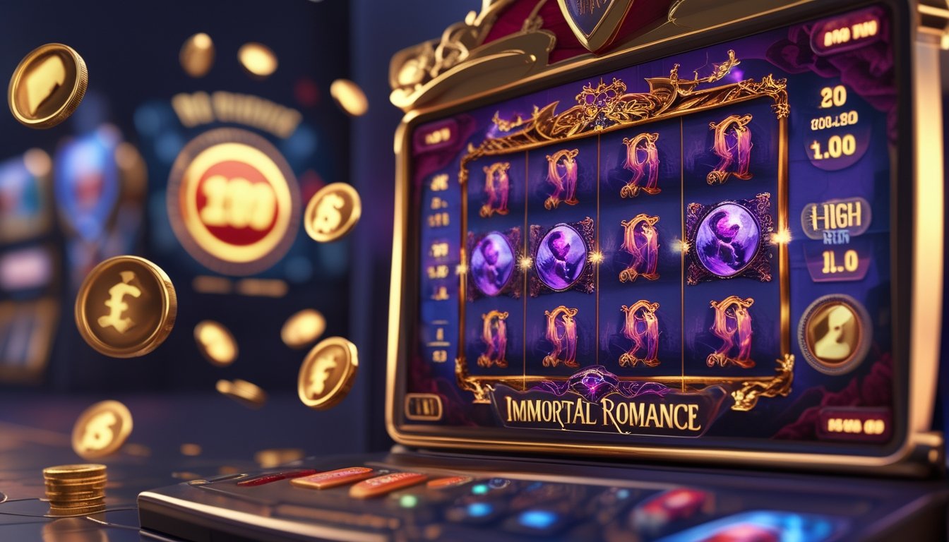 Antarmuka kasino online modern menampilkan permainan slot Immortal Romance dengan tema vampir dan grafik warna merah, ungu, dan emas, dilengkapi ikon perlindungan dan simbol kemenangan besar.
