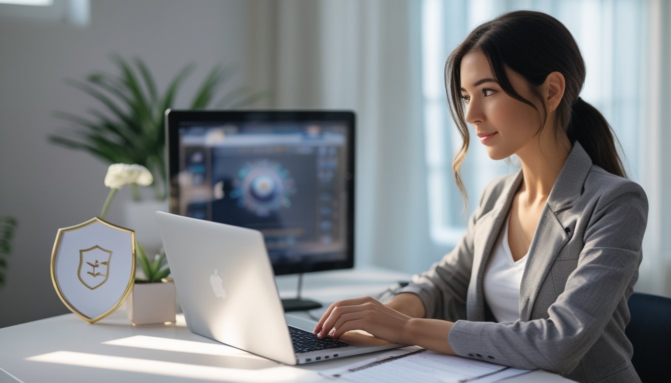 Seorang wanita muda duduk di meja dengan laptop, terlihat fokus mencari agen slot Immortal Romance resmi, di ruangan yang terang dan nyaman.