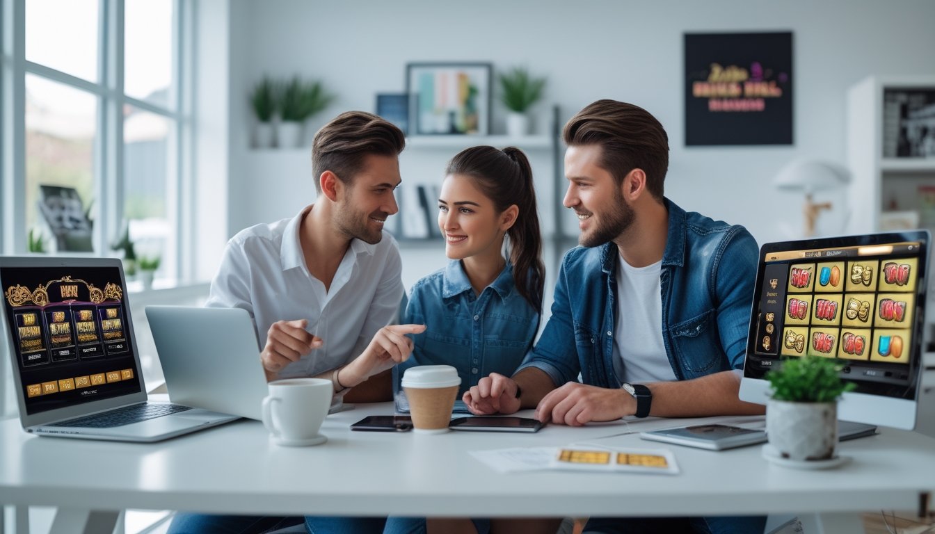 Dua orang muda duduk di meja dengan laptop dan ponsel yang menampilkan permainan slot online, terlihat fokus berdiskusi di ruang kerja yang terang.