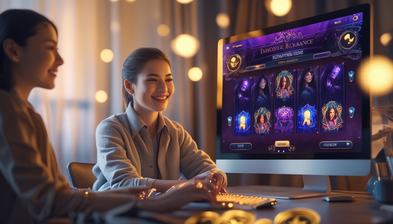 Dua pemain muda sedang bermain permainan slot online dengan tema romantis dan mistis di depan layar komputer.
