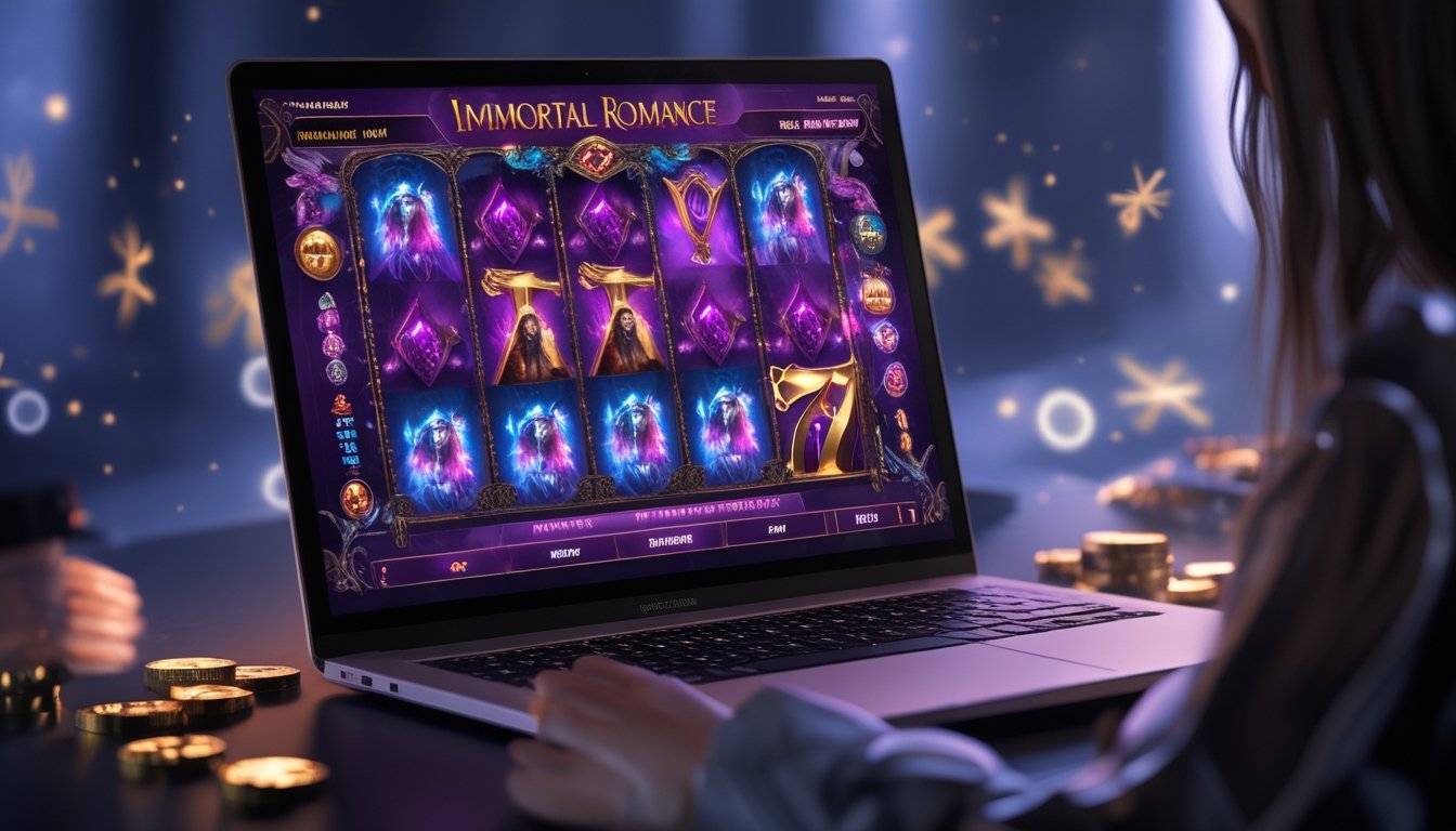 Layar komputer menampilkan permainan slot bertema romantis dan misterius dengan simbol berkilau dan efek kemenangan di sekitar layar.