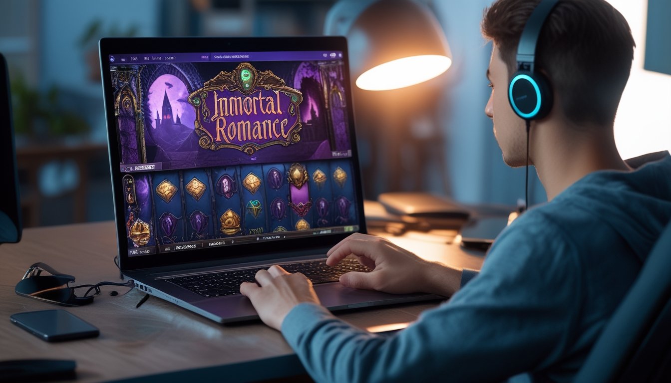 Seorang pria muda sedang bermain permainan slot online di laptop di ruang kerja rumah yang nyaman.