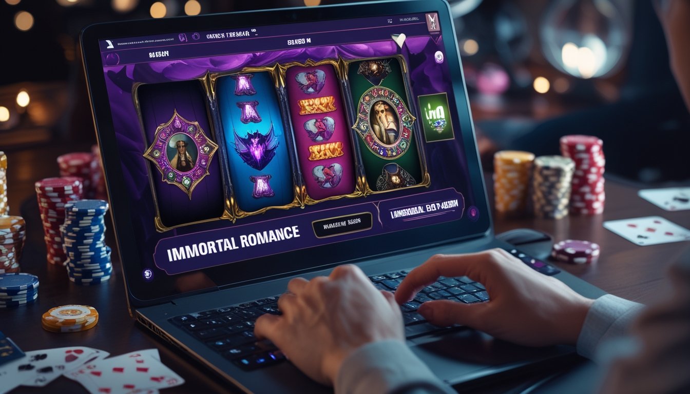 Tampilan close-up layar komputer dengan permainan slot Immortal Romance, dikelilingi chip poker dan kartu remi, menunjukkan suasana permainan judi online.