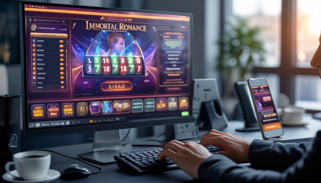 Meja kerja modern dengan komputer menampilkan permainan slot dan tangan orang yang sedang menggunakan mouse dan keyboard.