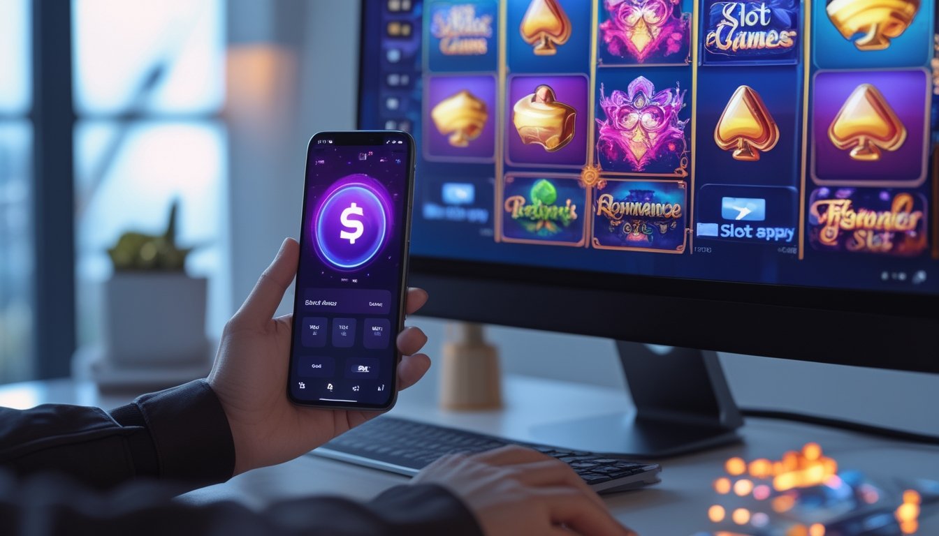 Seseorang menggunakan komputer dan ponsel untuk bermain permainan slot online dengan tampilan grafik warna-warni dan suasana yang nyaman.