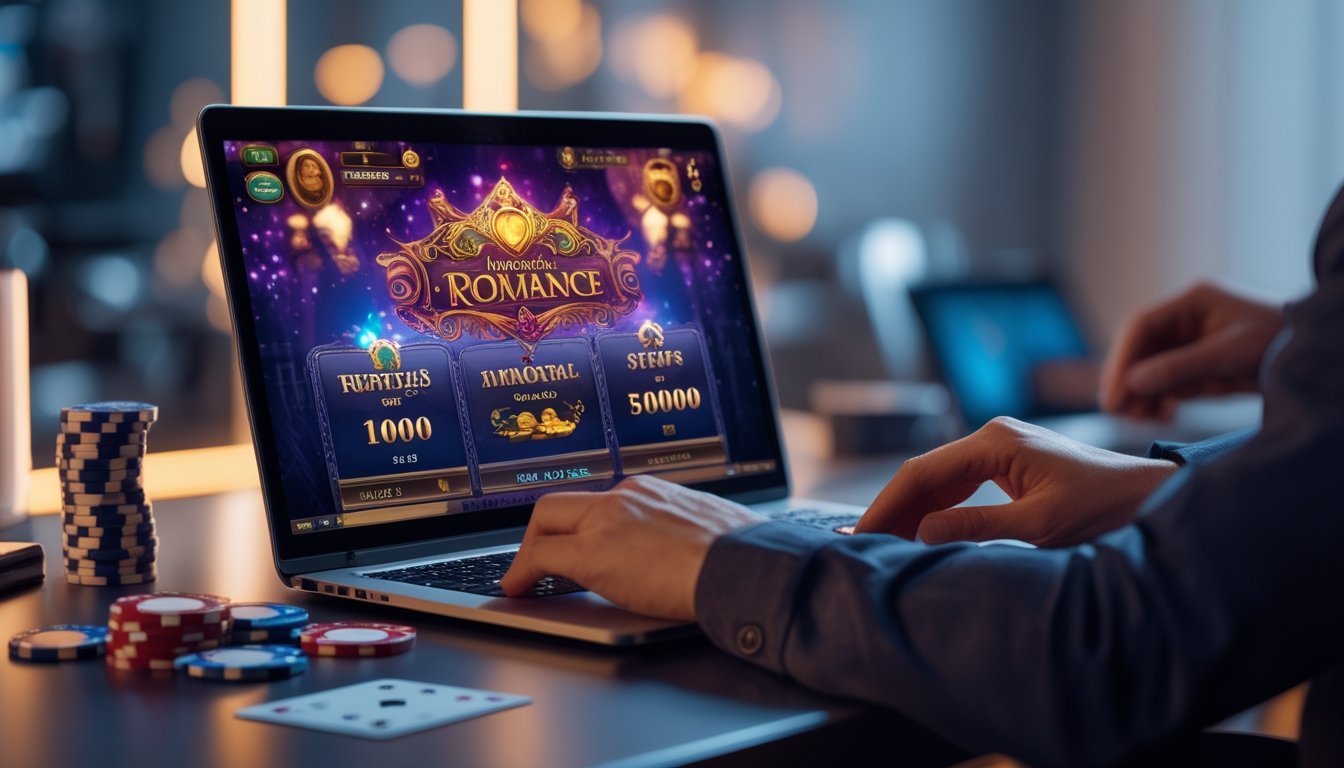 Seseorang sedang bermain game slot di laptop dengan meja yang rapi dan perlengkapan kasino di sekitarnya.